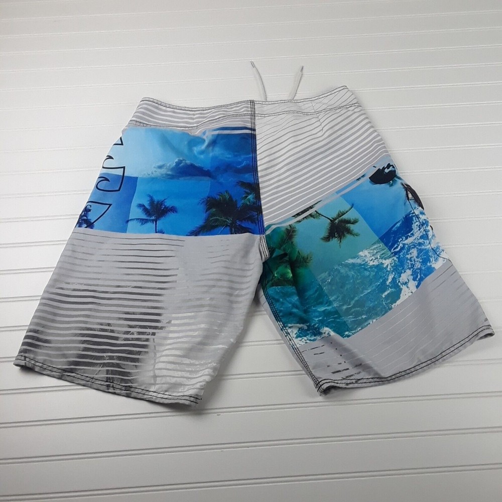 Billabong Shorts Mens 34 Striped Logo Gray Blue White Board Shorts - Picture 2 of 12